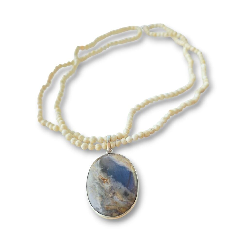 New Artisan Jasper Necklace Cream Tan Sterling Silver 925 Stamped Beaded Neutral